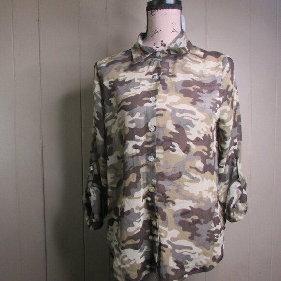 Living Doll Sheer Blouse Shirt M Button Up Camo Green Brown - Picture 4 of 12